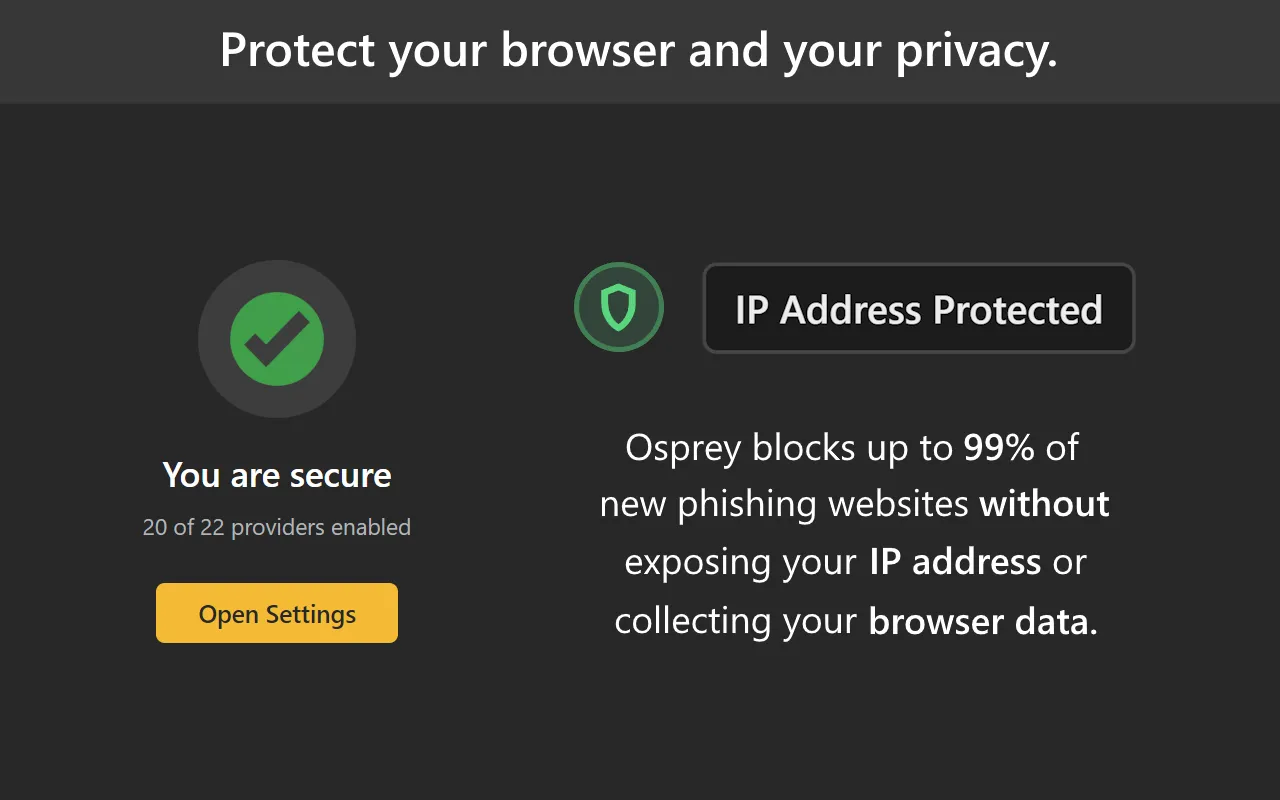 Promotional screenshot captioned "Protect your browser and your privacy", showing the Osprey popup panel.