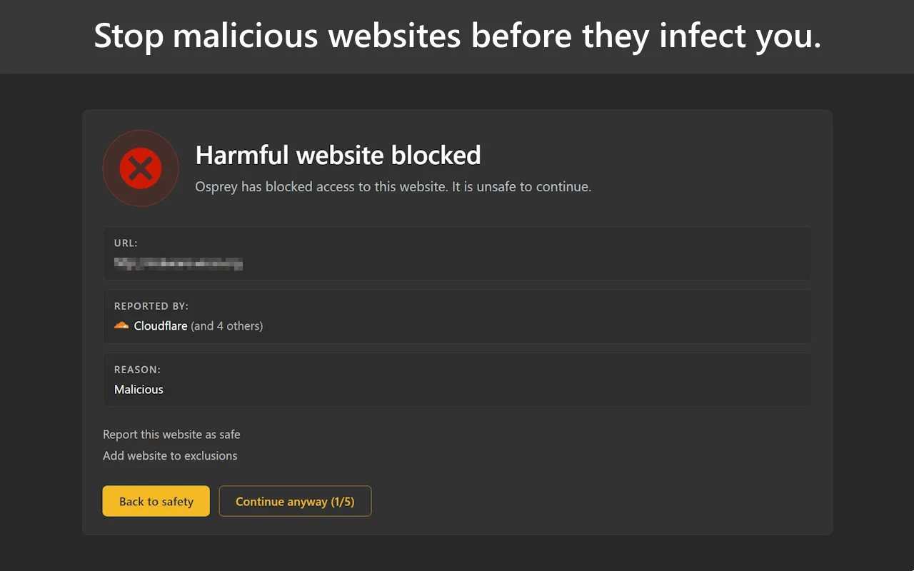 Promotional screenshot captioned "Stop malicious websites before they infect you", showing the Osprey warning page.